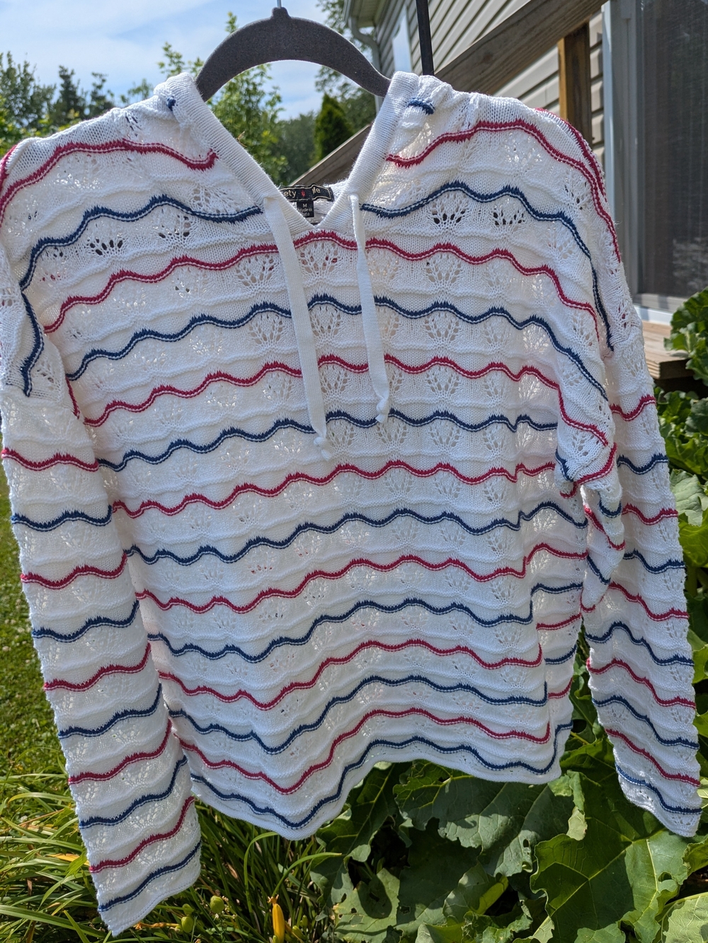 Women's White Hooded Crochet Stripe Sweater - Blue & Pink